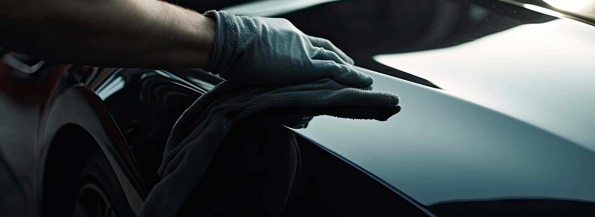 Gloved hand polishing out a minor scratch on dark paintwork